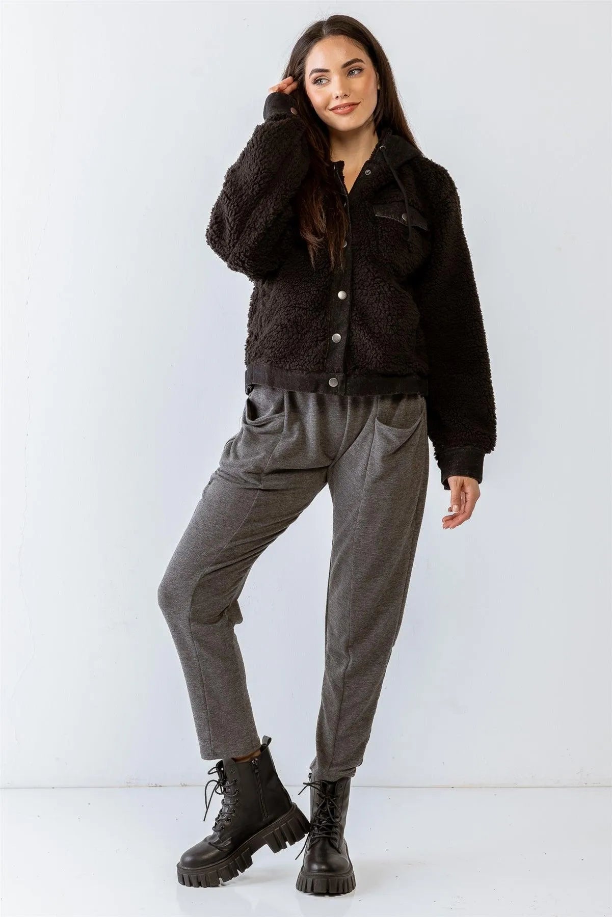 Black Button-Up Long Sleeve Hooded Teddy Jacket /2-2-2 - Tasha Apparel Wholesale