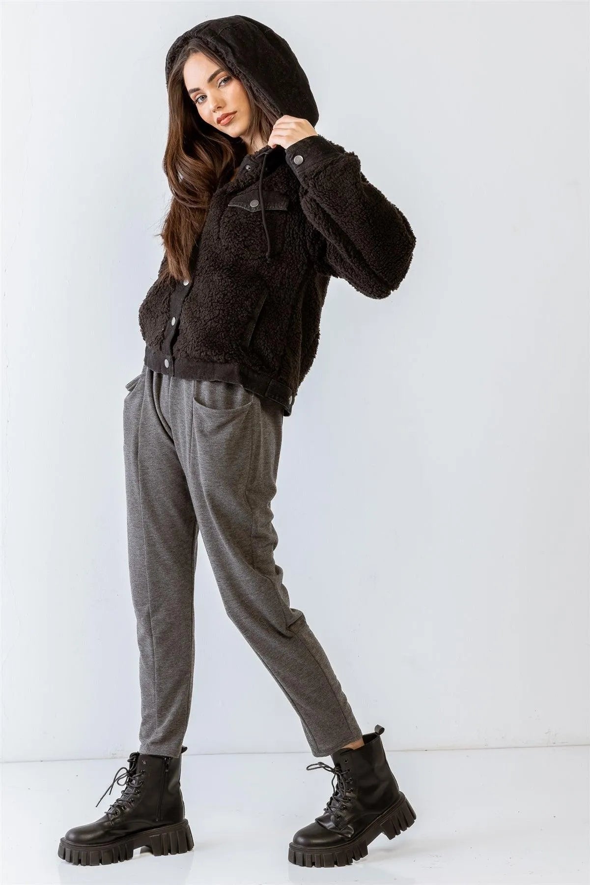 Black Button-Up Long Sleeve Hooded Teddy Jacket /2-2-2 - Tasha Apparel Wholesale