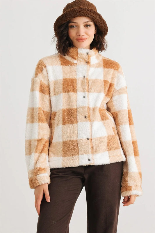 Camel Checkerboard Print Fuzzy Button-Up Two Pocket Jacket /2-2 - Tasha Apparel Wholesale