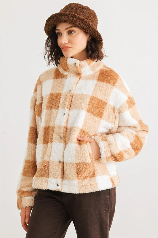Camel Checkerboard Print Fuzzy Button-Up Two Pocket Jacket /2-2-2 - Tasha Apparel Wholesale
