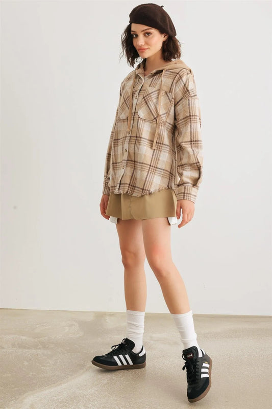 Taupe Scotch Plaid Button-Up Two Pocket Hooded Jacket /3-2 - Tasha Apparel Wholesale