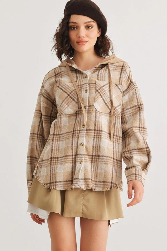 Taupe Scotch Plaid Button-Up Two Pocket Hooded Jacket /2-2-2 - Tasha Apparel Wholesale