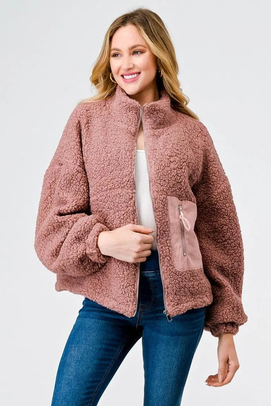 Mauve Sherpa Zip-Up Long Sleeve One Pocket Mock Neck Jacket /1-2-2 - Tasha Apparel Wholesale