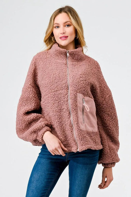 Mauve Sherpa Zip-Up Long Sleeve One Pocket Mock Neck Jacket /2-2-2 - Tasha Apparel Wholesale