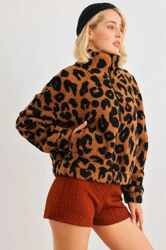 Camel Leopard Teddy Zip-Up Two Pocket Jacket /2-2 - Tasha Apparel Wholesale