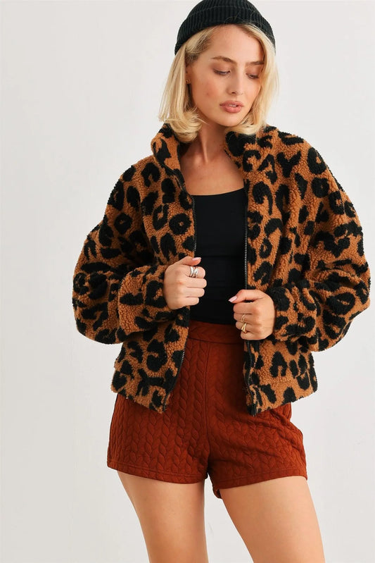 Camel Leopard Teddy Zip-Up Two Pocket Jacket /2-2-2 - Tasha Apparel Wholesale