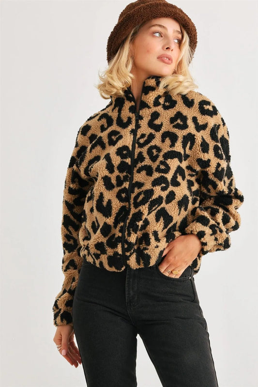 Mocha Leopard Teddy Zip-Up Two Pocket Jacket /2-2 - Tasha Apparel Wholesale