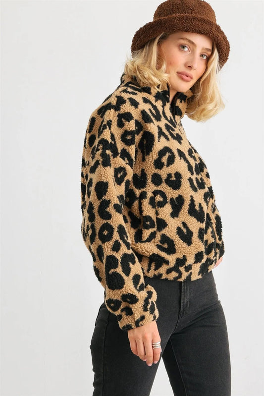 Mocha Leopard Teddy Zip-Up Two Pocket Jacket /2-2-2 - Tasha Apparel Wholesale