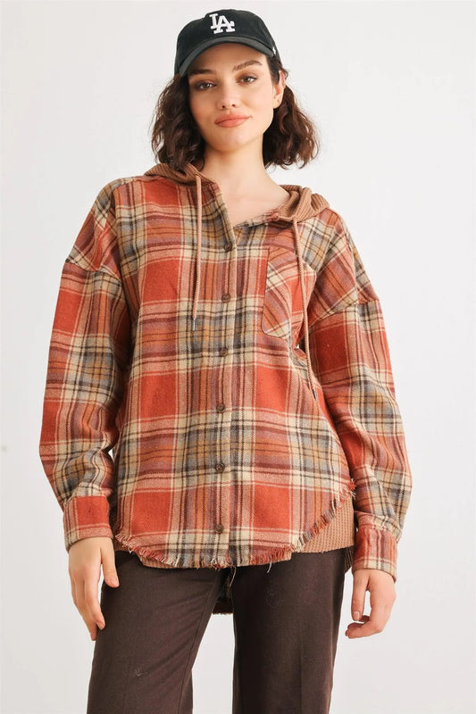 Rust Plaid Button-Up Long Sleeve Hooded Trim Hem T-Shirt Style Jacket /2-2-2 - Tasha Apparel Wholesale