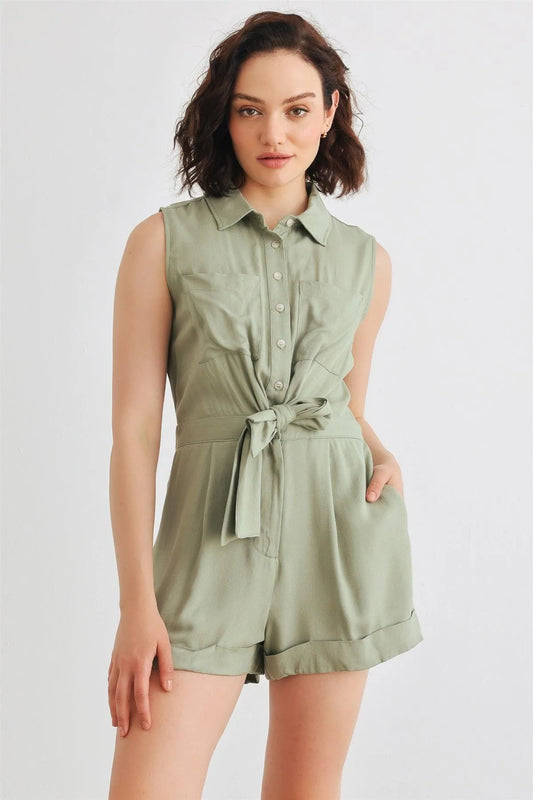 Olive Sleeveless Collar Neck Button-Up Four Pocket Tie Front Romper /2-2-2 - Tasha Apparel Wholesale
