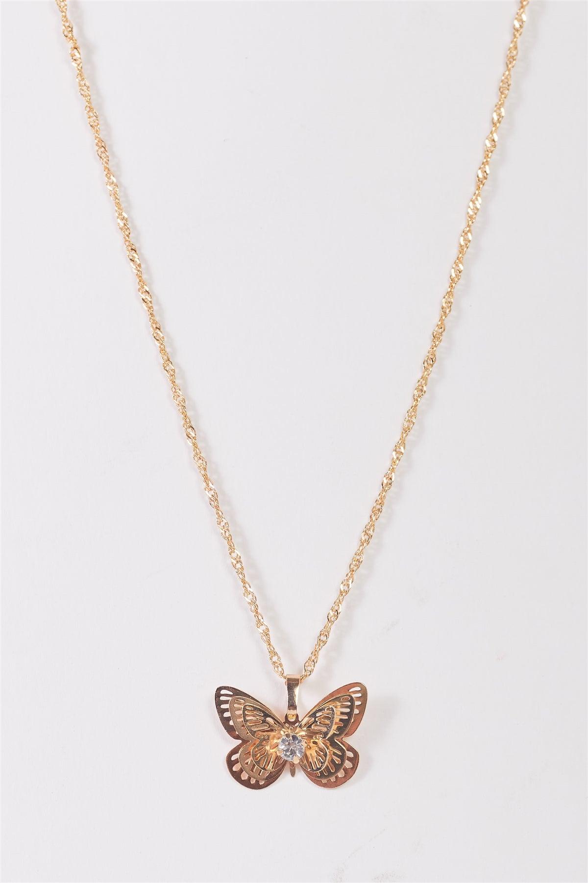 Gold Twisted Chain 3D Butterfly With Faux Swarovski Crystal Necklace /3 Pieces
