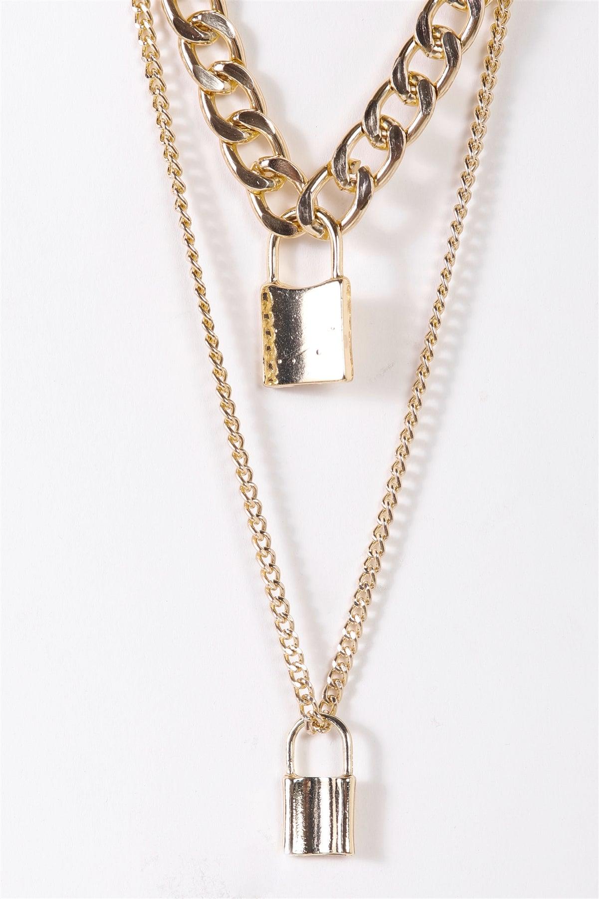 Gold Chunky & Link Chains With Padlocks Set Necklace /3 Pieces