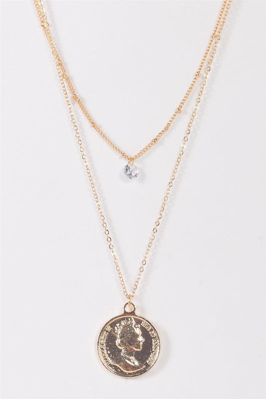 "Dos Pesos" Gold Double Chain With Double Side Coin Pendant And Tiny Faux Crystal Necklace /3 Pieces