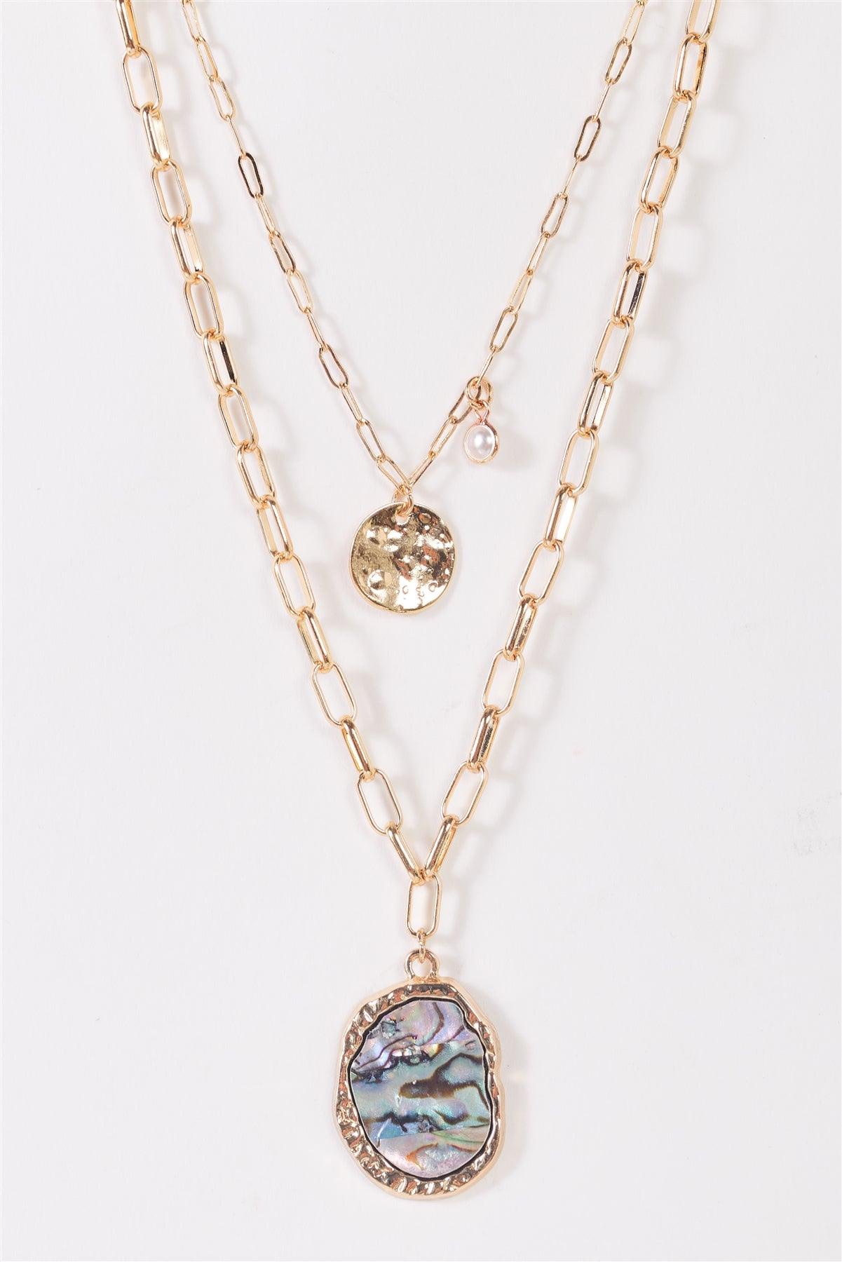 Gold Paper Clip Double Chain With Abalone Asymmetrical Circle & Tiny Pearl Pendants Necklace /3 Pieces