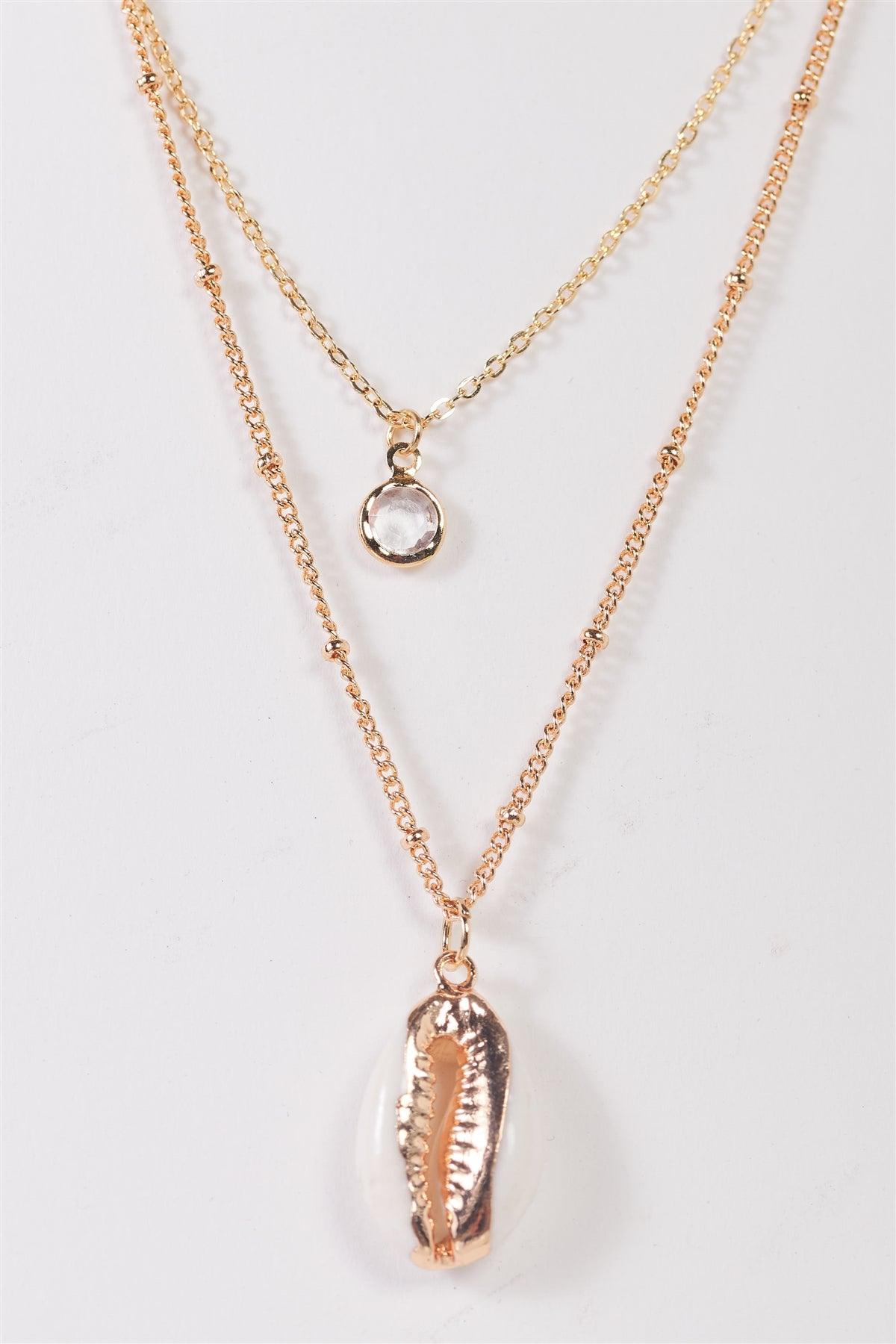 Gold & Ivory Faux Shell Double Chain With Crystal Pendant Necklace /3 Pieces