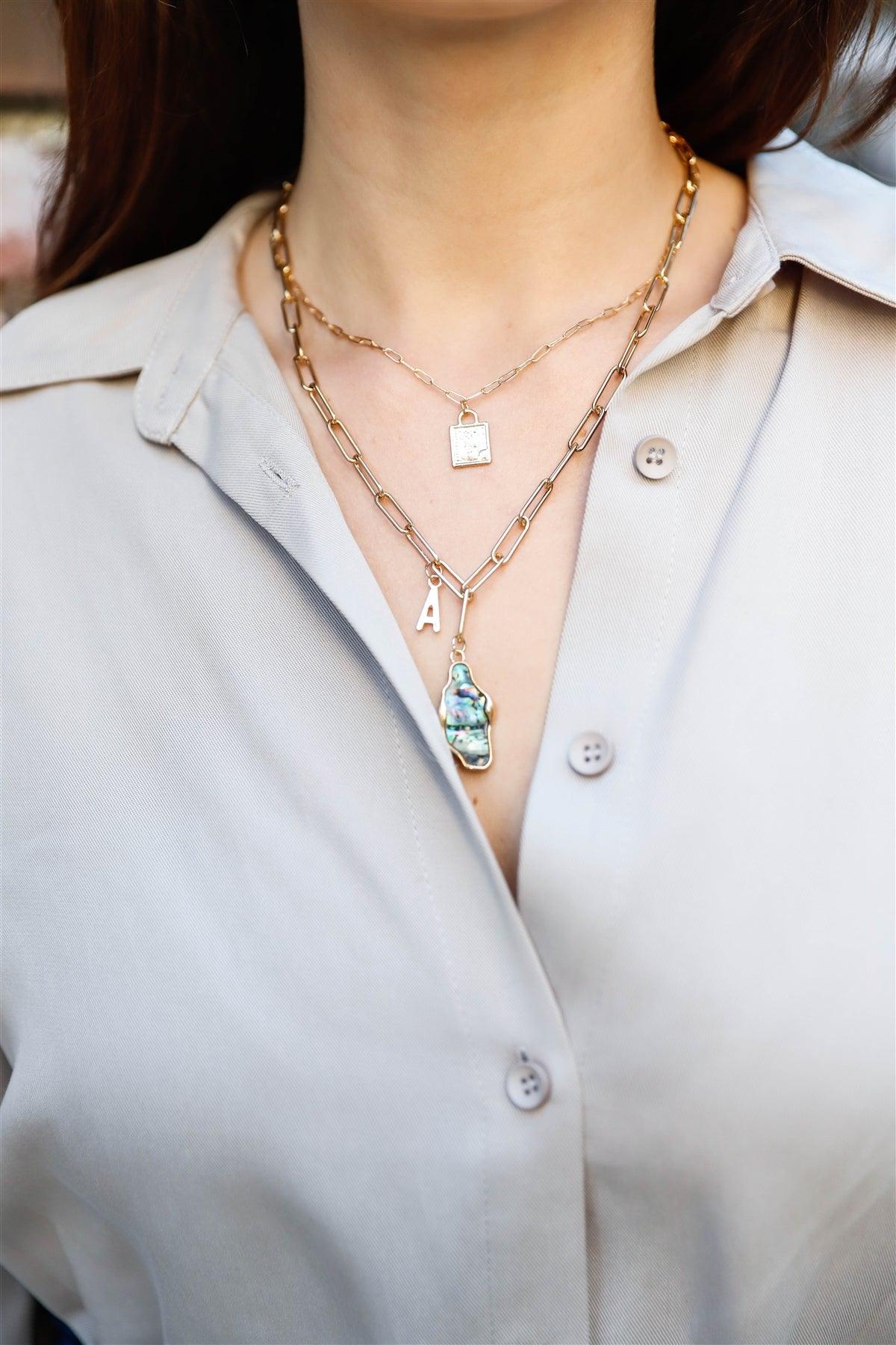 Gold Double Paper Clip Chain With Abalone Asymmetrical Pendant And Rectangle & "A" Letter Charms Necklace /3 Pieces