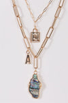 Gold Double Paper Clip Chain With Abalone Asymmetrical Pendant And Rectangle & 
