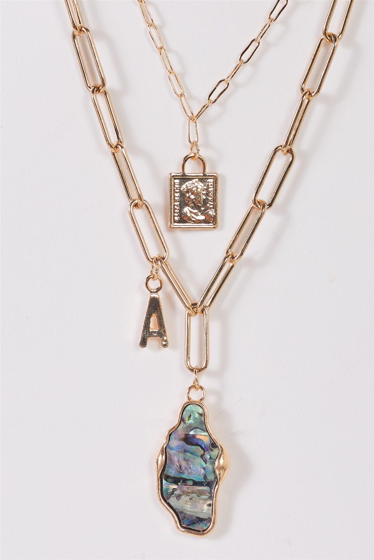 Gold Double Paper Clip Chain With Abalone Asymmetrical Pendant And Rectangle & "A" Letter Charms Necklace /3 Pieces