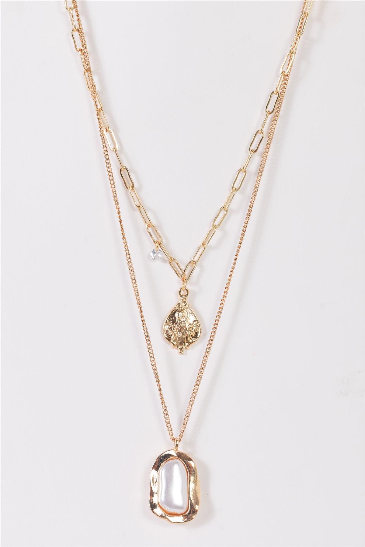 Gold Double Paper Clip & Link Chains With Shell Pearl & Icon Pendants And A Faux Diamond Necklace /3 Pieces