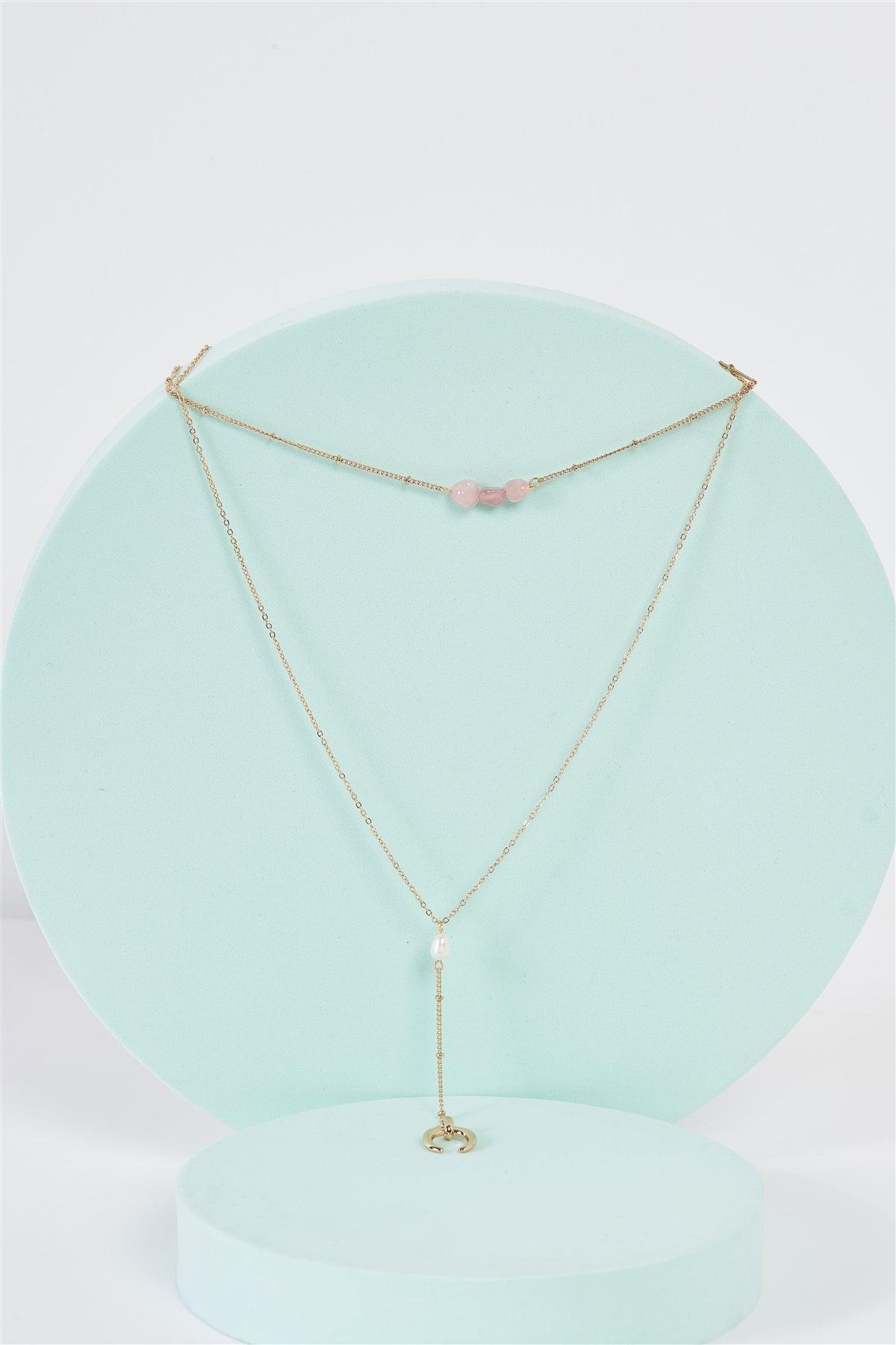 Gold & Pink Double Chain Rose Quartz Detail Crescent Moon Charm Pendant Necklace /3 Pieces