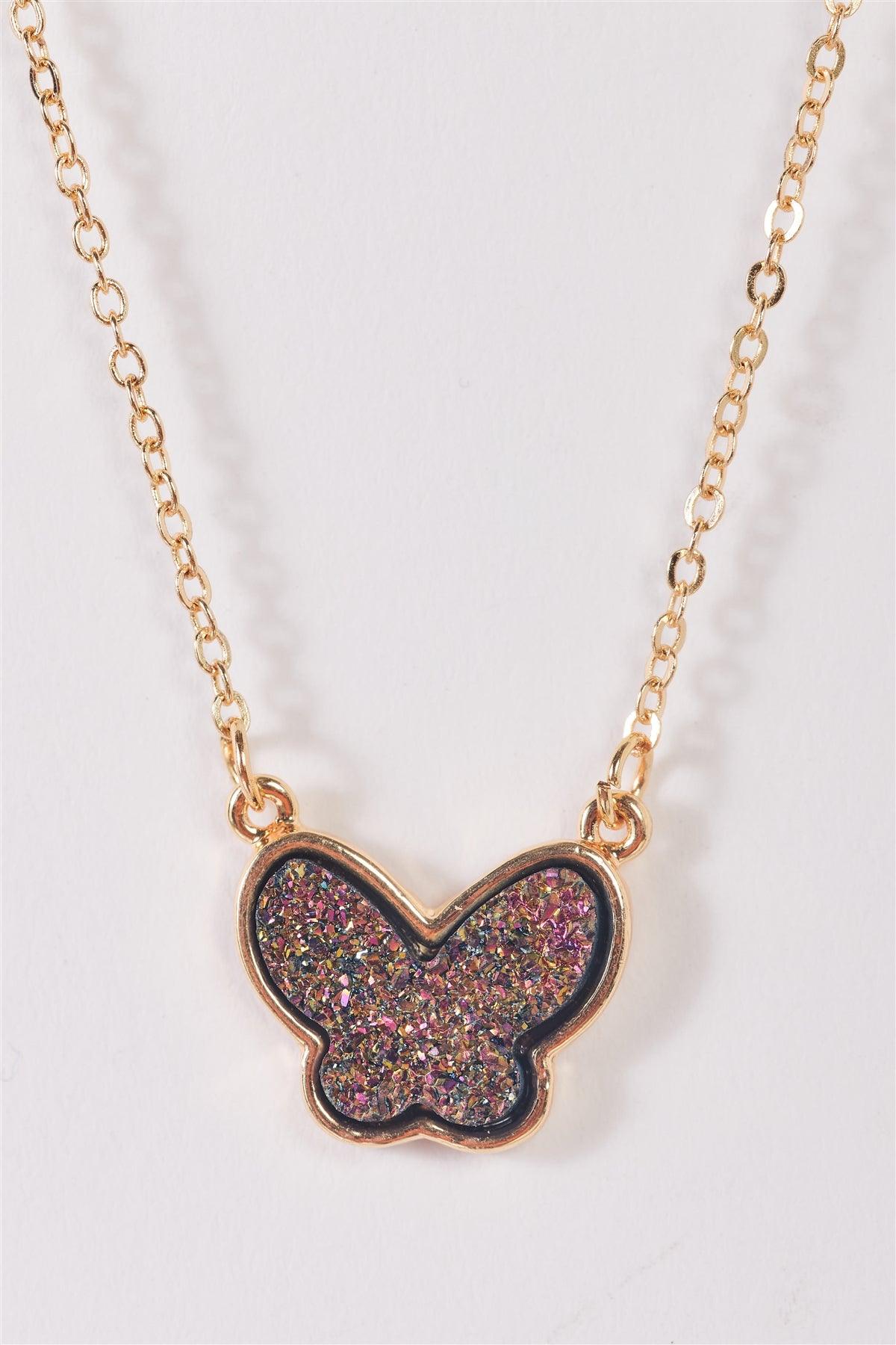 Gold Link Chain With Multi Color Glitter Butterfly Pendant Necklace /3 Pieces