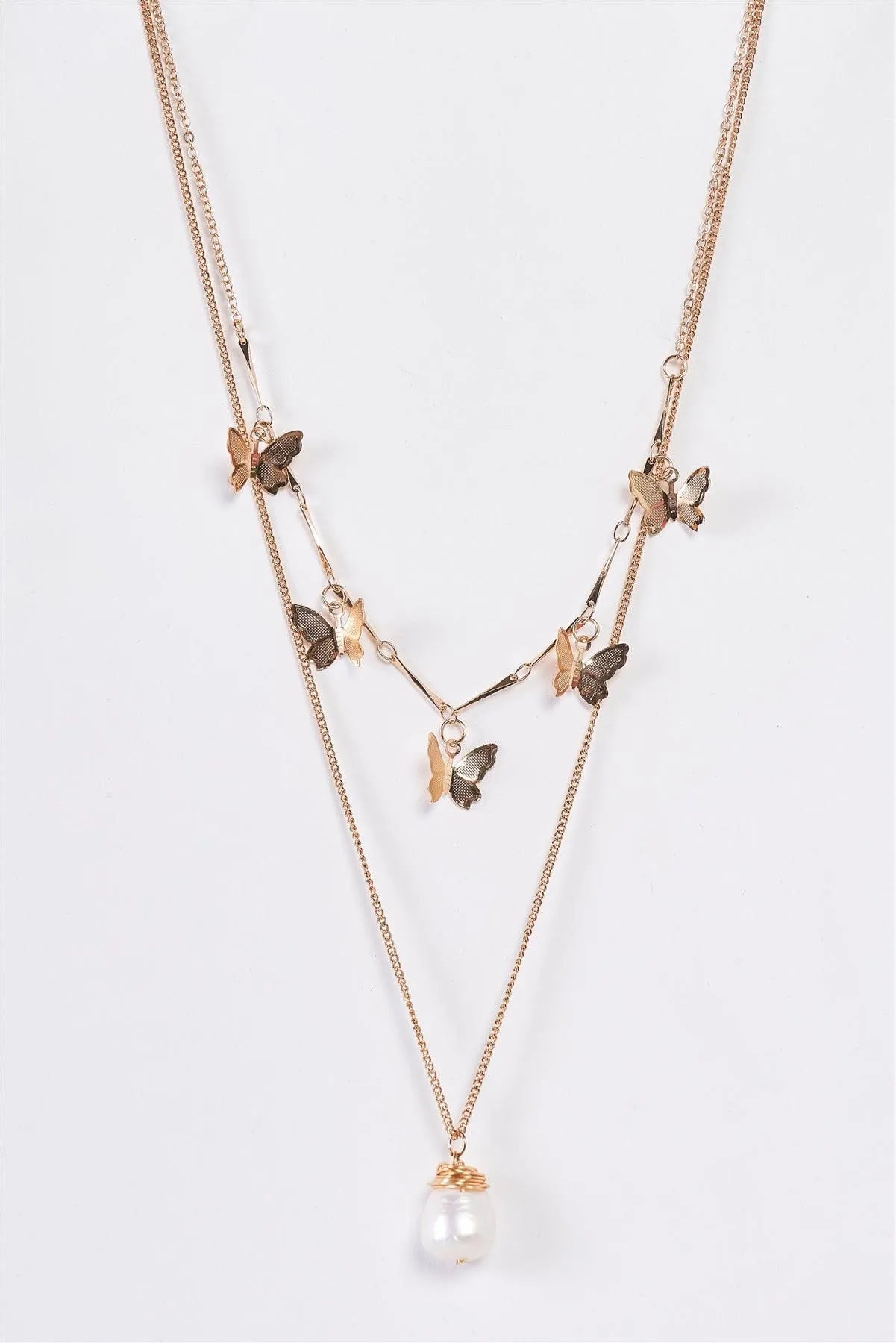 Gold Double Chain Multi Butterfly Pearl Charm Necklace - Tasha Apparel Wholesale
