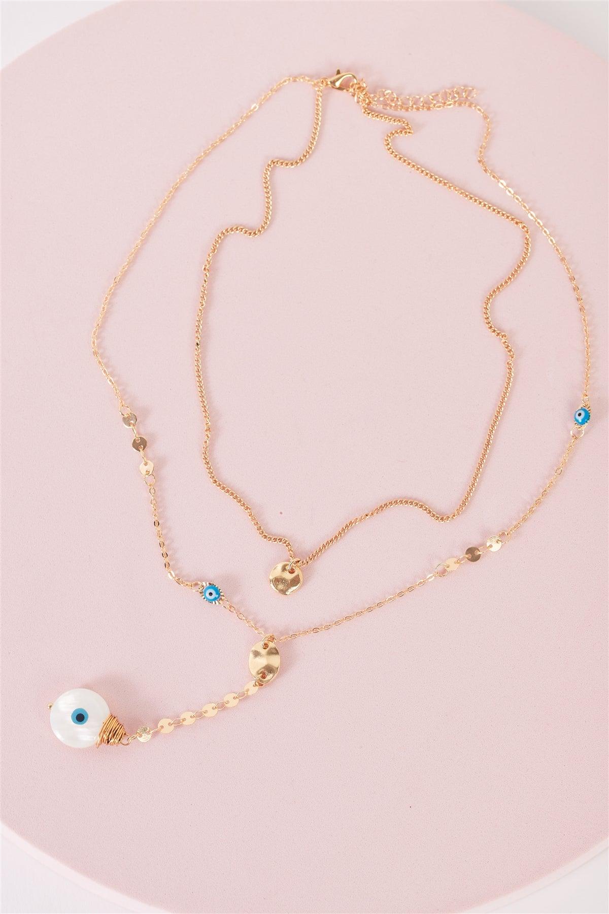 "Nazar Evil Eye" Gold & Blue Double With Circle Pendants Belcher And Choker Chains Necklace /3 Pieces