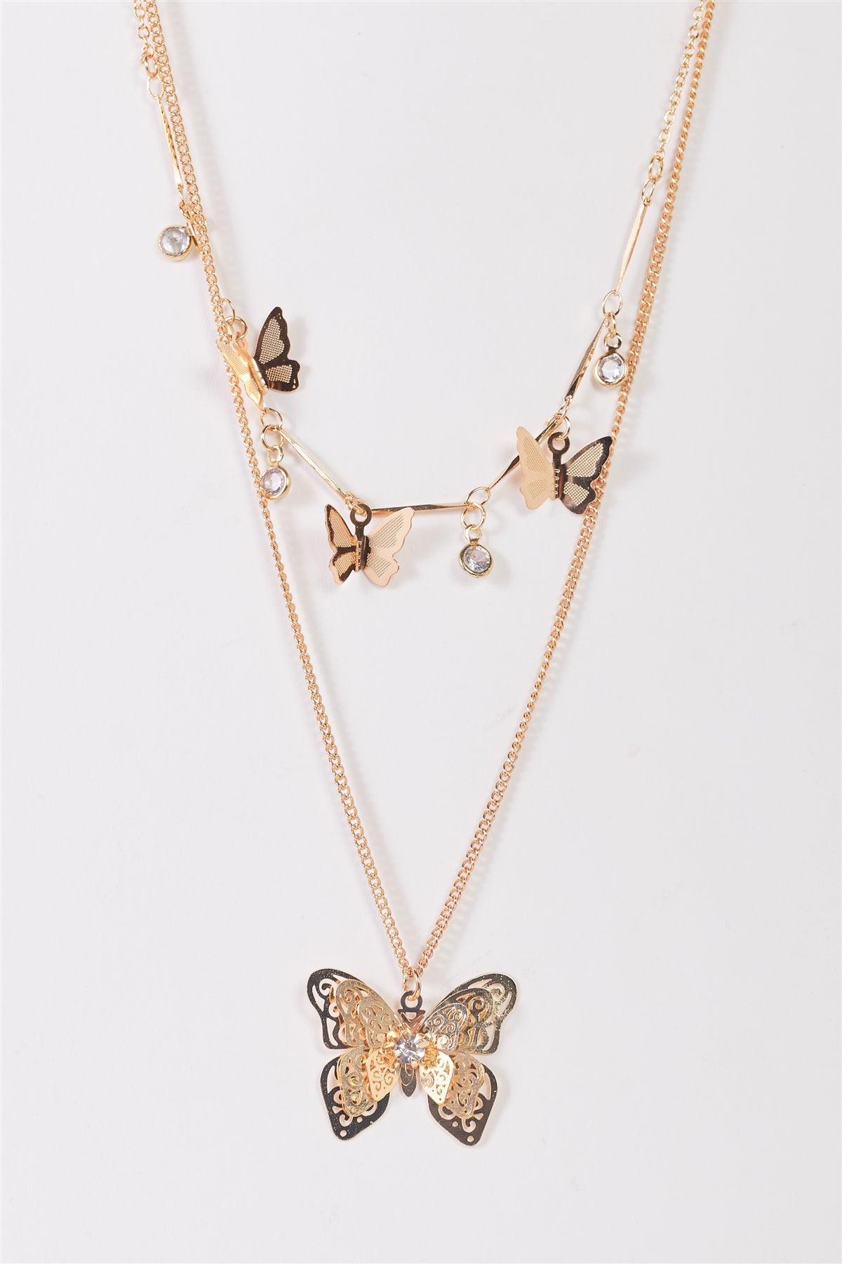 Gold Double Chain With 3D Butterflies Pendants & Faux Crystals Necklace /3 Pieces