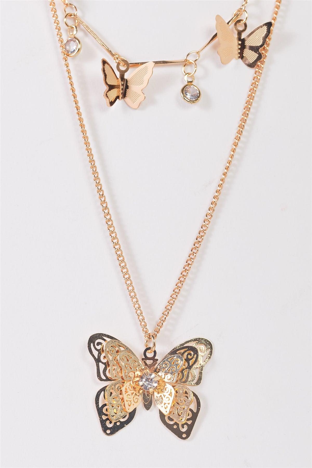 Gold Double Chain With 3D Butterflies Pendants & Faux Crystals Necklace /3 Pieces