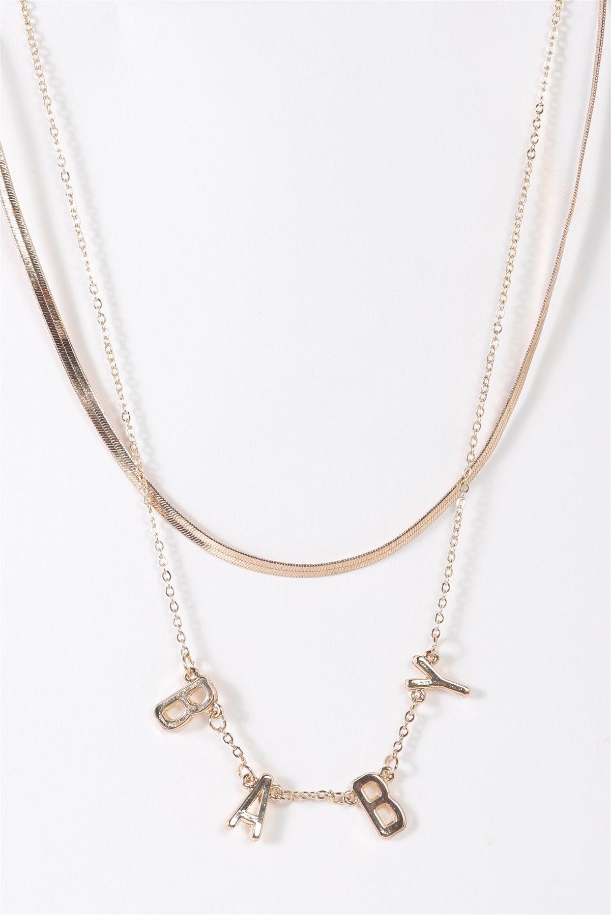 Gold Double Flat Snake Chain & Linked With "Baby" Letters Necklace /3 Pieces