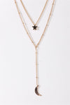 Gold Double Chain With Moon & Star Pendants Necklace /3 Pieces