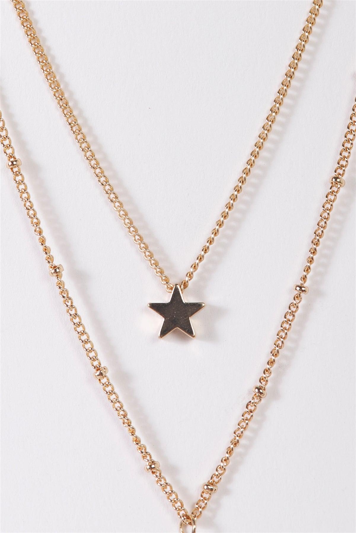 Gold Double Chain With Moon & Star Pendants Necklace /3 Pieces