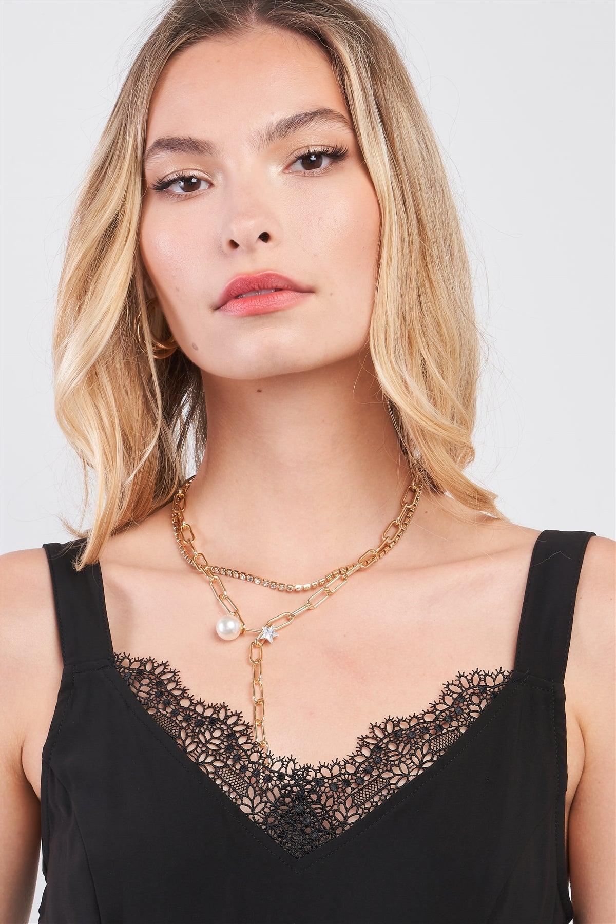 Enchanted Gold Pearl Pin Detail Link Chain & Rhinestone Two-Piece Necklace Set /3 Sets