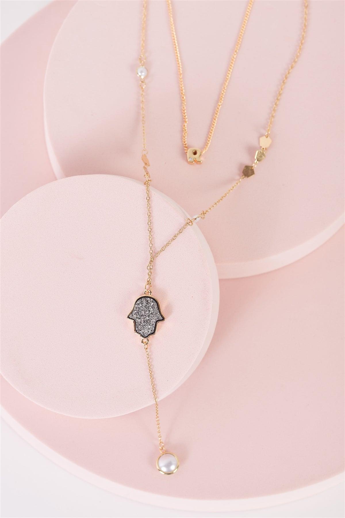 Gold Double Belcher Chain Glitter Hamsa Pearls "R" Letter Necklace - Tasha Apparel Wholesale