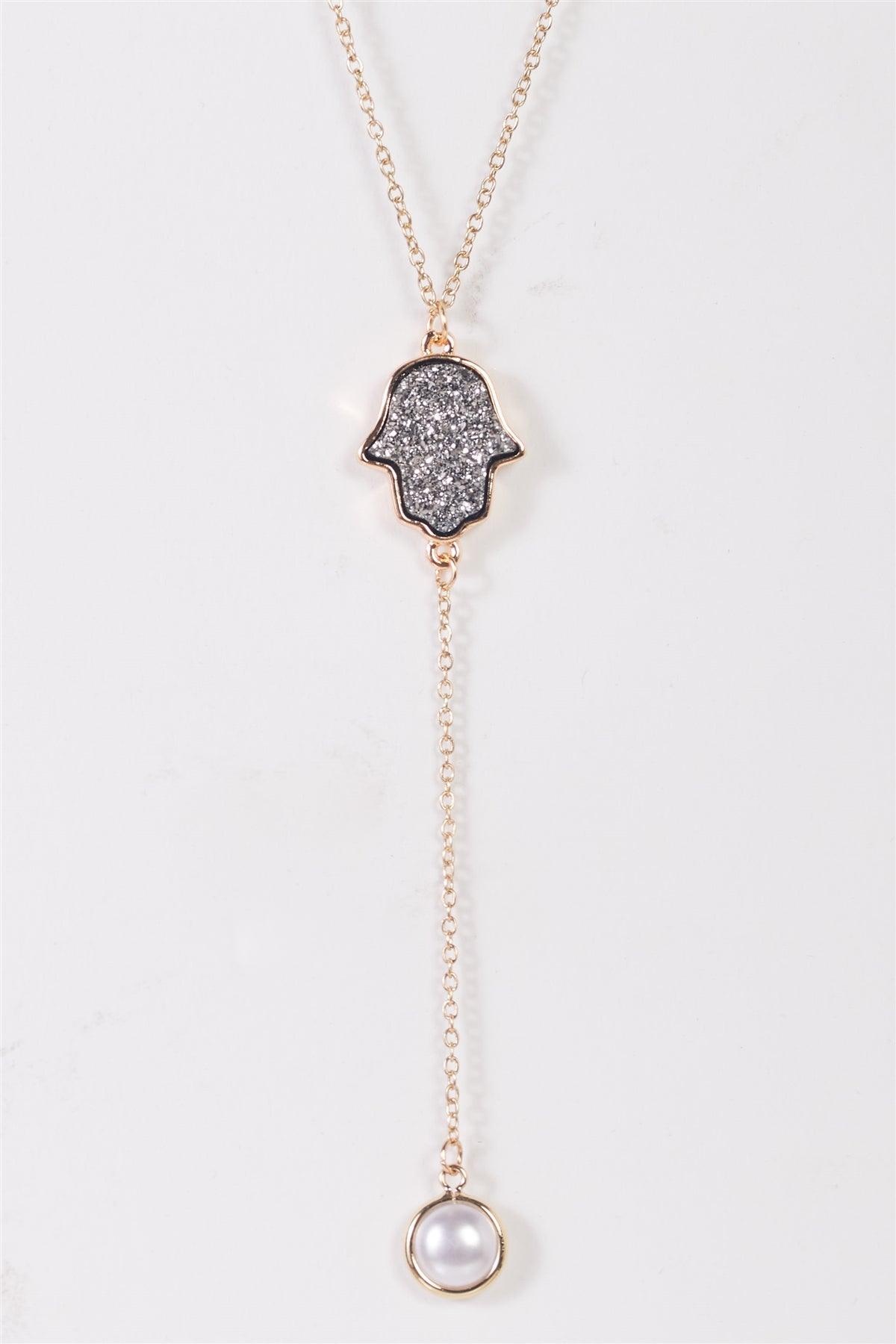 Gold Double Belcher Chain Glitter Hamsa Pearls "R" Letter Necklace - Tasha Apparel Wholesale