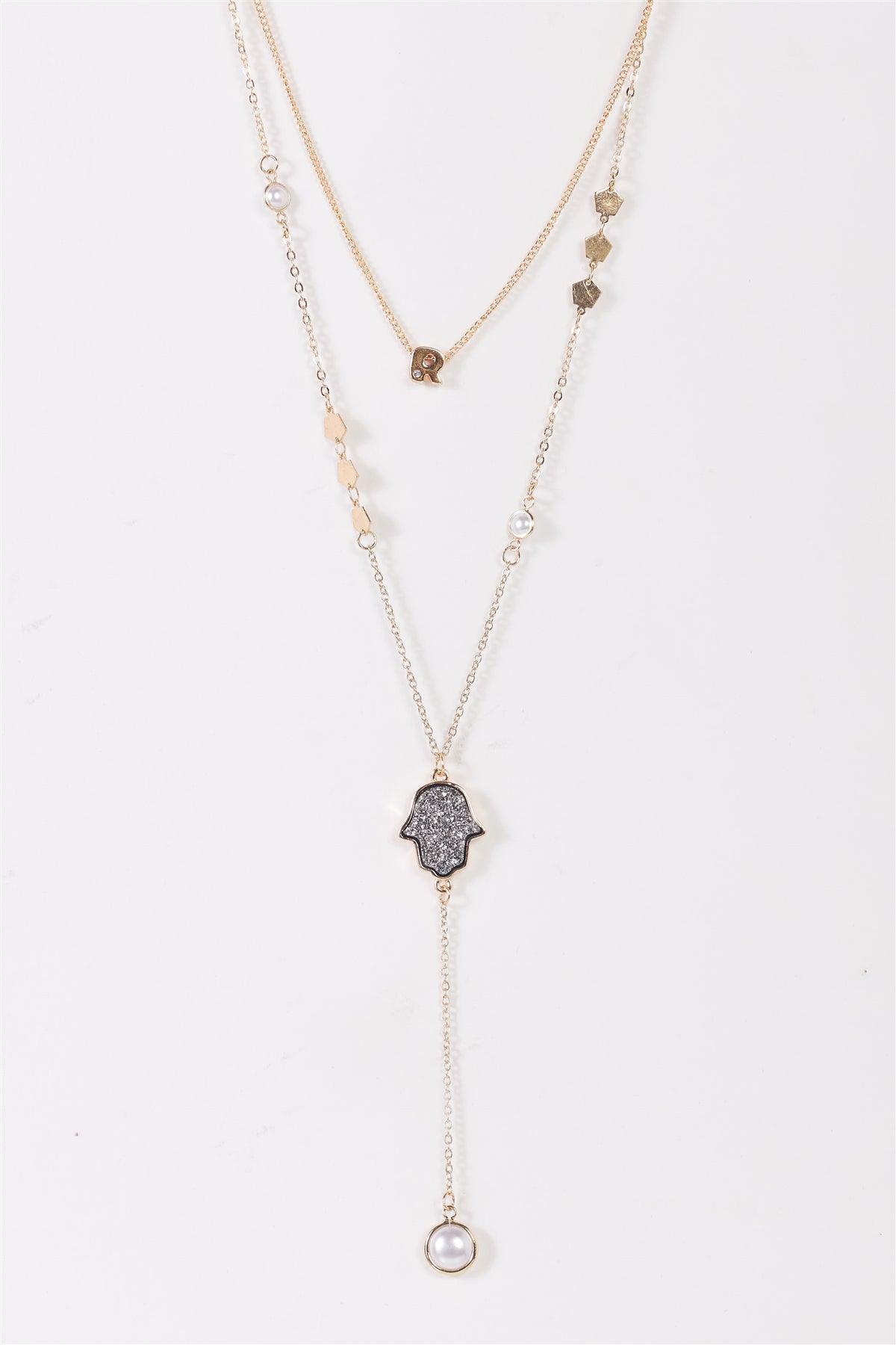 Gold Double Belcher Chain Glitter Hamsa Pearls "R" Letter Necklace - Tasha Apparel Wholesale