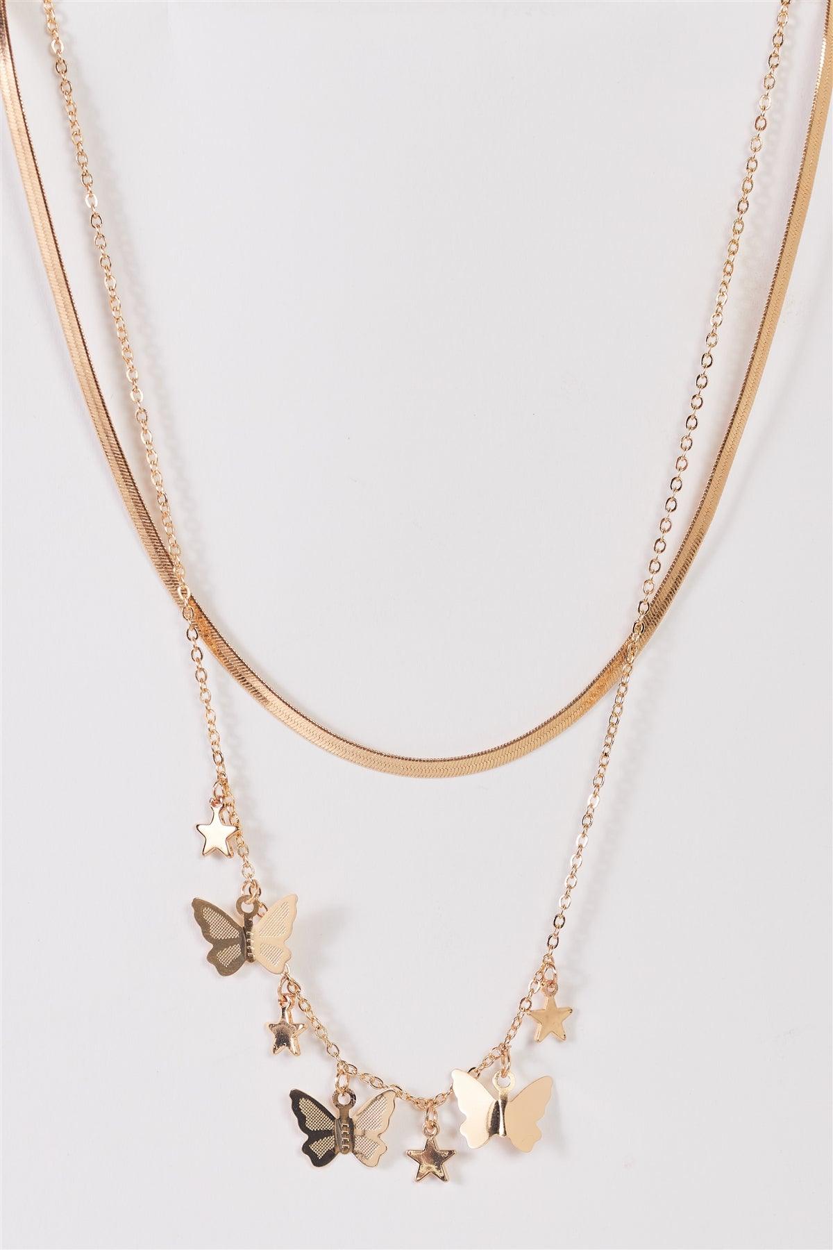 Gold Flat Snake & Link Chain With 3D Butterflies And Stars Charms Set Necklace /3 Pieces
