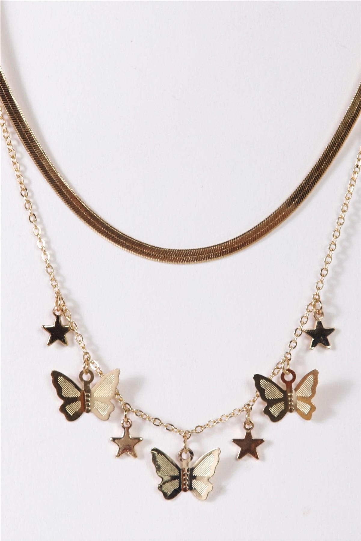 Gold Flat Snake & Link Chain With 3D Butterflies And Stars Charms Set Necklace /3 Pieces