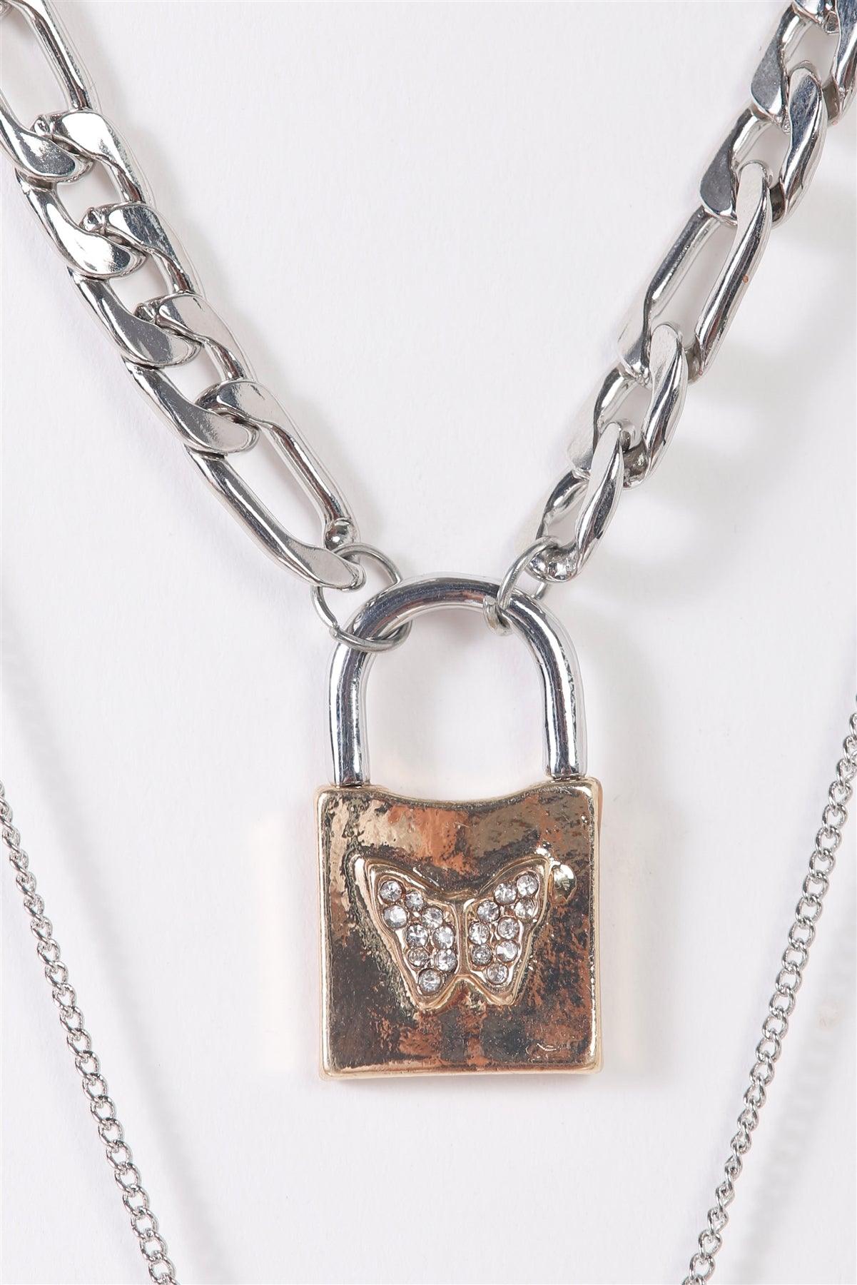 Silver Double Figaro & Link Chains With Gold Padlock With Faux Crystal Butterfly & Key Pendants Necklace /3 Pieces