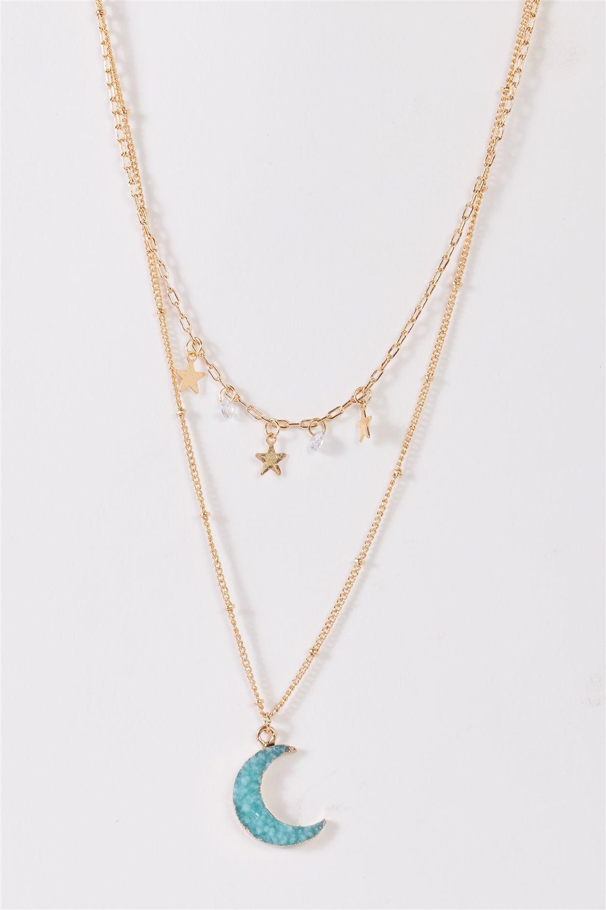 Gold Double Ball & Curb Chain With Moon Amazonite Faux Crystal Pendant And Link Chain With Stars & Faux Crystal Charms Necklace /3 Pieces