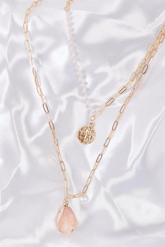 Gold Double Chain With Rose Quartz Faux Stone & Gold Stamp Pendant Necklace /3 Pieces - Tasha Apparel Wholesale