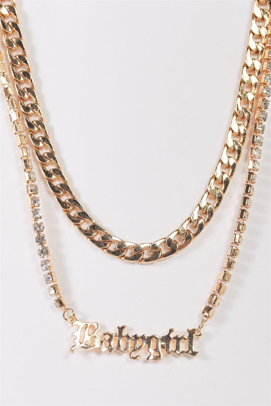 "Babygirl" Gold Chunky & Rhinestone Box Chains Set Necklace /3 Pieces