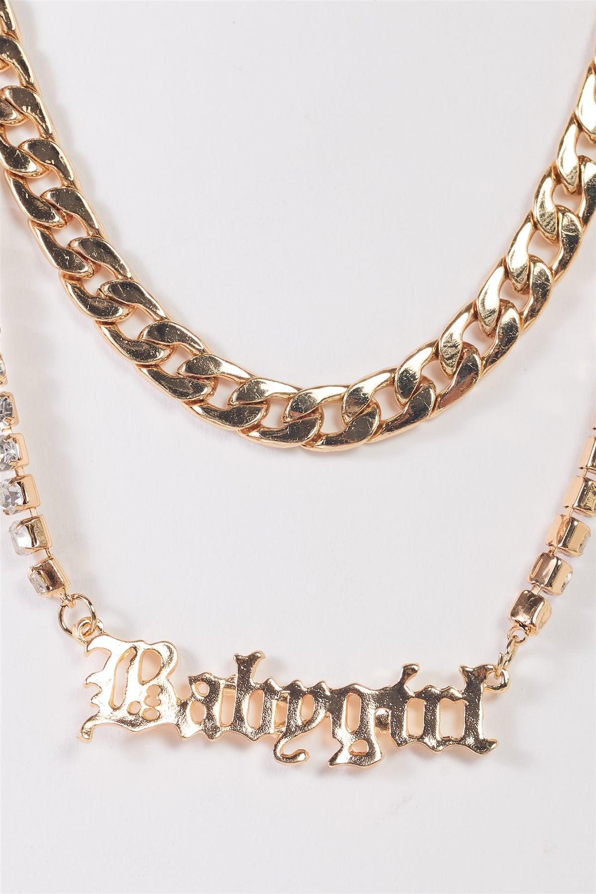 "Babygirl" Gold Chunky & Rhinestone Box Chains Set Necklace /3 Pieces