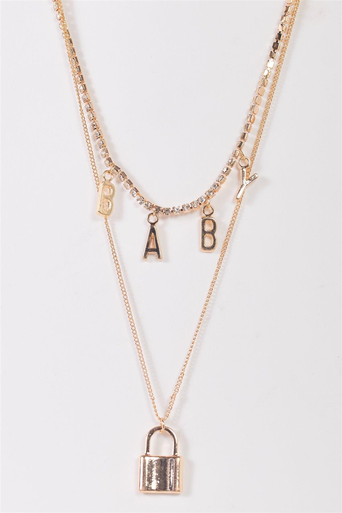 Gold Thin Chain With Padlock Pendant & Tennis Rhinestone Choker With "Baby" Letters  Necklace/3 Pieces