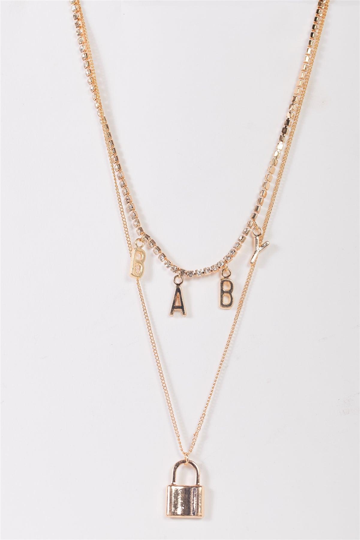 Gold Thin Chain With Padlock Pendant & Tennis Rhinestone Choker With "Baby" Letters  Necklace/3 Pieces