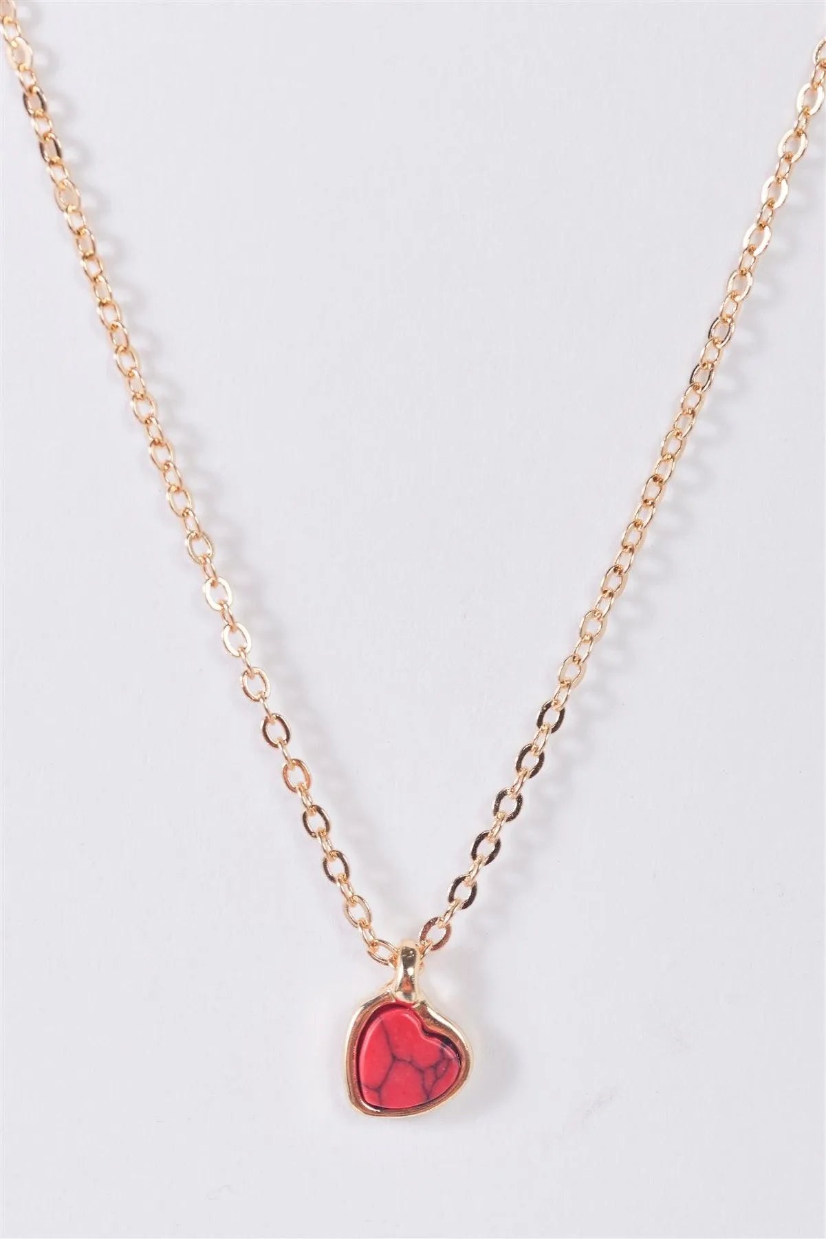 Gold Link Chain Red Marble Heart Pendant Necklace - Tasha Apparel Wholesale