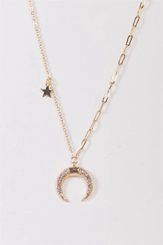Gold Paper Clip Link Chain Horn Crystals Pendant Star Charm Necklace - Tasha Apparel Wholesale