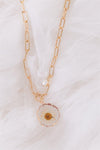 Gold Paper Clip Chain With Real Daisy Pendant And A Pearl Toggle Necklace /3 Pieces
