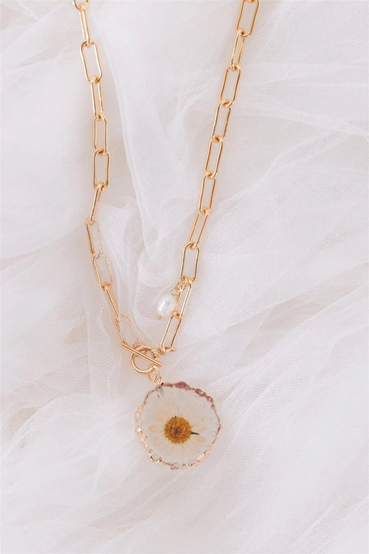 Gold Paper Clip Chain With Real Daisy Pendant And A Pearl Toggle Necklace /3 Pieces - Tasha Apparel Wholesale