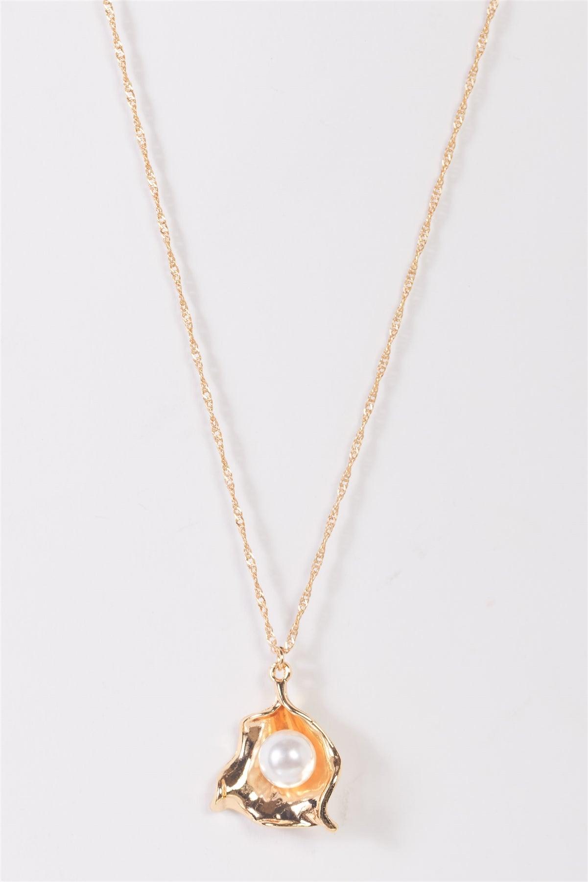 Gold Chain & Gold Shell Pendant With White Pearl Necklace/3 Pieces
